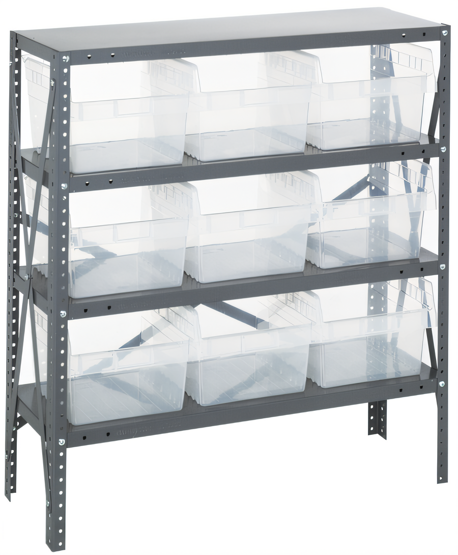Product image #1 for Quantum Heavy-Duty Stationary Wire Shelving Unit with 4 Shelves and 9 Clear Bins, 36 x 18 x 39 Inches