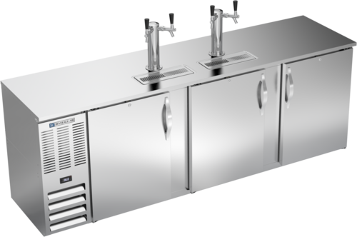Product image #1 for Beverage-Air 94-Inch Shallow-Depth Direct Draw Beer Cooler with 3 Solid Doors, 2 Dual-Faucet Towers, and 5-Keg Capacity