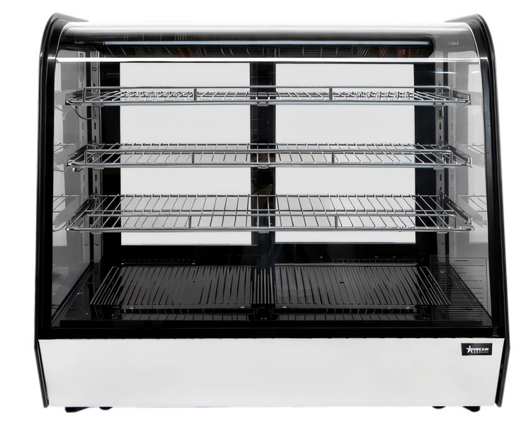 Product image #1 for Omcan Countertop Curved Glass Refrigerated Display Case, 60 Inch, 9.78 Cu. Ft., 3-Shelf, Bottom-Mounted Self-Contained