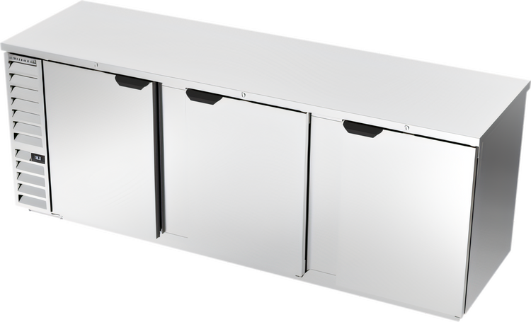 Product image #1 for Beverage-Air BB94HC-S Three-Section Solid Door Back Bar Refrigerator, 94-Inch Stainless Steel, Left-Mounted Self-Contained