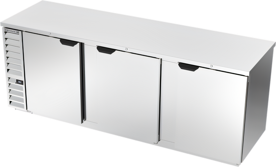 Product image #1 for Beverage-Air BB94HC-S Three-Section Solid Door Back Bar Refrigerator, 94-Inch Stainless Steel, Left-Mounted Self-Contained