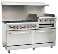 Serv-Ware 60 Inch Natural Gas Range with 6 Open Burners, 24 Inch Raised Griddle/Broiler, and 2 Ovens