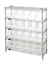 Quantum Stationary 5-Shelf Chrome-Plated Wire Shelving Bin Center with 20 Clear Bins, 12 x 36 x 39 Inches