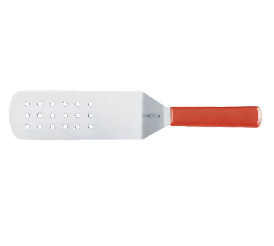 Product image #1 for Mundial 8 x 3 Inch Perforated Stainless Steel Turner with Red Polypropylene Handle