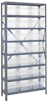 Quantum Heavy-Duty Stationary Wire Shelving Unit with 8 Shelves and 21 Clear Bins, 36 x 18 x 75 Inches