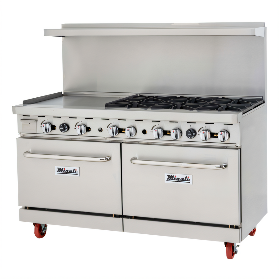 Product image #1 for 60-Inch Natural Gas Commercial Range with Left 24-Inch Griddle, 6 Open Burners, and 2 Ovens