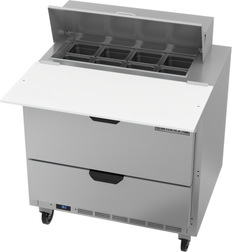 Product image #1 for Beverage Air SPED36HC-08C-2 One-Section Stainless Steel Sandwich Prep Table with Drawers, 36" Wide, 8-Pan Cut Top, 17" Cutting Board