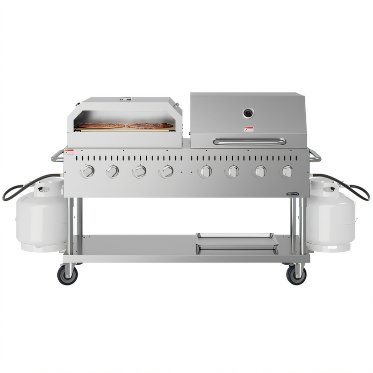 Product image #1 for KoolMore Commercial Mobile Outdoor Propane Charbroiler Grill with 8 Burners, 30-Inch Roll Dome Cover, and Pizza Oven
