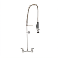 Fisher Wall-Mounted Pre-Rinse Spring Style Assembly with Mixing Valve, Flexible Gooseneck, Ultra-Spray PLUS Valve, Wall Bracket, and 8-Inch Adjustable Centers