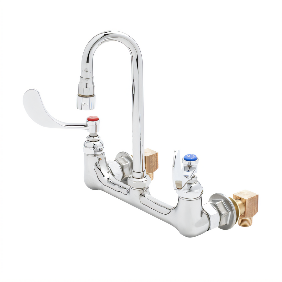 Product image #1 for T&S Brass Double Wall-Mount Pantry Mixing Faucet with Swivel Gooseneck, 8-Inch Centers, 2.2 GPM