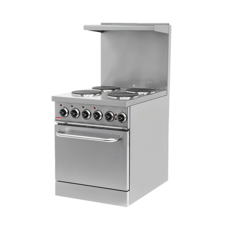 Product image #1 for BakeMax 24-Inch 4-Burner Commercial Electric Range with Oven, Stainless Steel, High Riser Shelf, and Locking Casters
