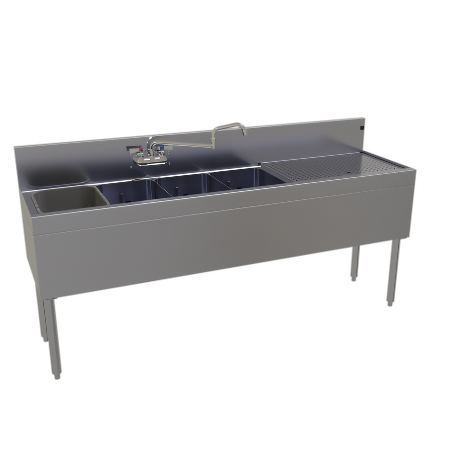 Product image #1 for Glastender 72-Inch Wide x 24-Inch Deep Four-Compartment Underbar Sink Unit with Right Drainboard and Mounted Faucet