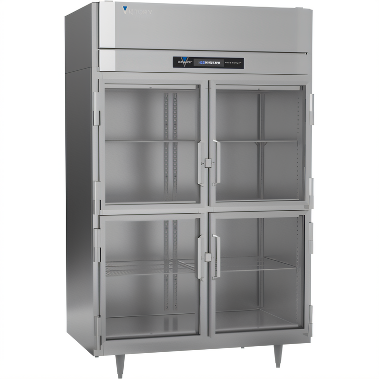 Product image #1 for Victory UltraSpec™ Standard Depth Two-Section Stainless Steel Glass Half-Door Reach-In Freezer, Self-Contained Top-Mounted
