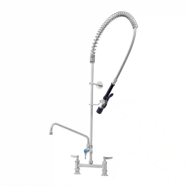 Product image #2 for T&S Brass EverSteel Stainless Steel 8-Inch Centers Deck Mount Pre-Rinse Mixing Faucet with 12-Inch Swing Nozzle and Add-On Faucet