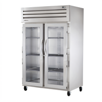 True SPEC SERIES Two-Section Heated Reach-In Holding Cabinet with 2 Glass Doors and 6 Chrome Shelves