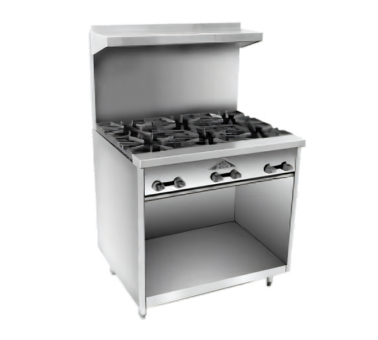 Product image #1 for Comstock-Castle F33 36-Inch Commercial Gas Range with 6 Open Burners, Open Front Cabinet Base, Backriser and High Shelf