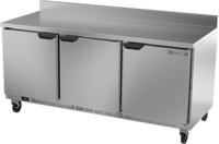 Beverage-Air 72-Inch Three-Section Worktop Refrigerator with Solid Doors and Foamed-In-Place Backsplash