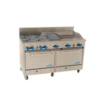Comstock-Castle 60-Inch Commercial Gas Range with 4 Open Burners, 24-Inch Raised Griddle, 12-Inch Char-Broiler, and 2 Standard Ovens