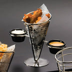 Thumbnail image #1 for American Metalcraft Ironworks SS92 Stainless Steel Conical Serving Basket with 2 Black Ramekins Case of 12