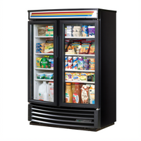 True Two-Section Radius Front Glass Door Merchandiser Refrigerator with LED Lighting and Low-E Hinged Doors