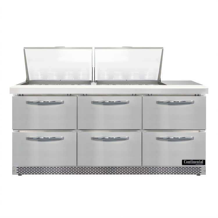 Product image #1 for Continental Refrigerator Designer Line D72N24M-FB-D 72" Mighty Top Three-Section Refrigerated Sandwich Prep Table with Drawers