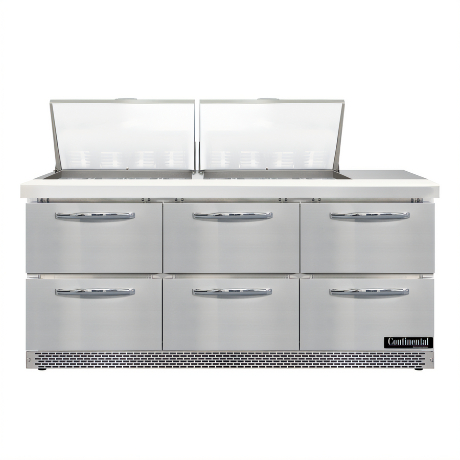 Product image #1 for Continental Refrigerator Designer Line D72N24M-FB-D 72" Mighty Top Three-Section Refrigerated Sandwich Prep Table with Drawers