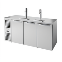 True 72-Inch Three-Section Refrigerated Draft Bar Cooler with 2 Beer Towers and Stainless Steel Countertop