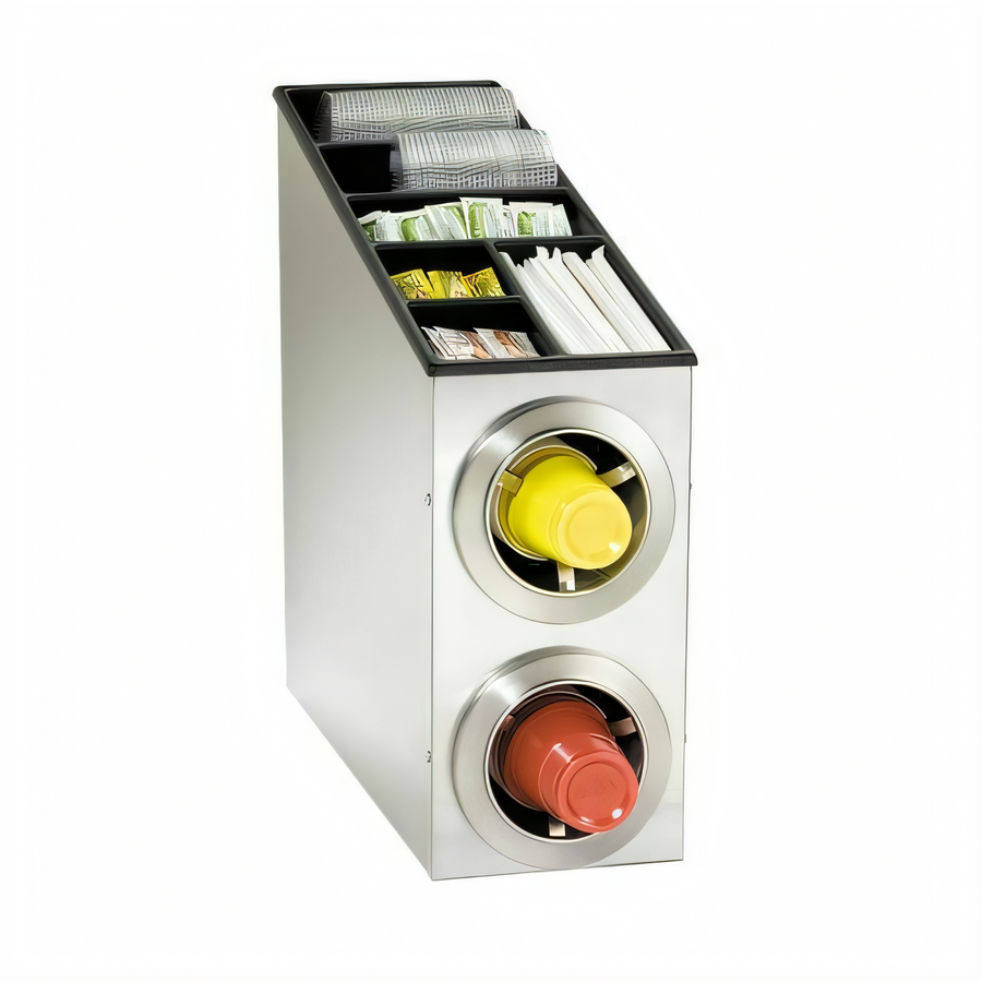 Product image #1 for Countertop Stainless Steel Cup Dispensing Cabinet with 2 Adjustable Dispensers and Lid, Straw & Condiment Organizer