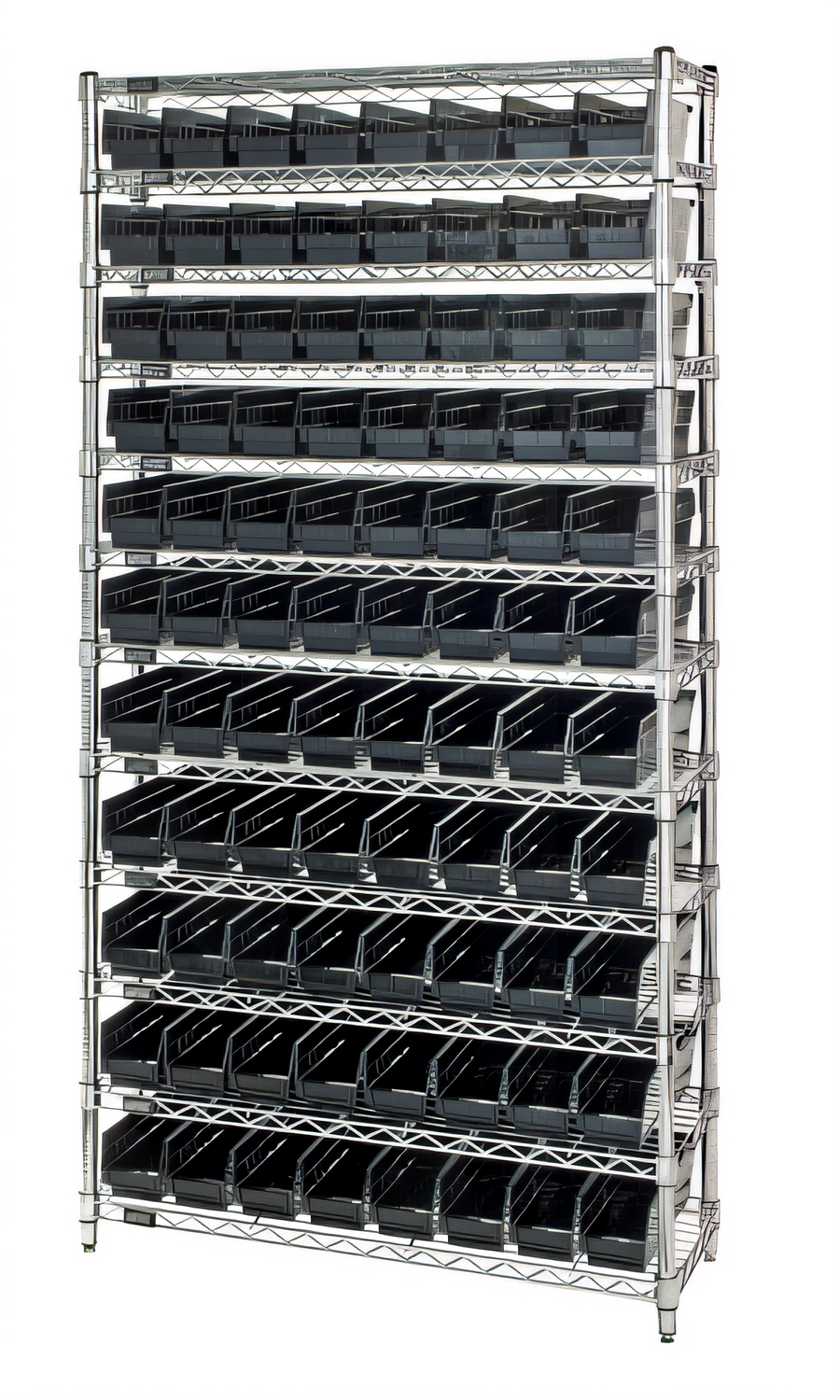 Product image #1 for Quantum Conductive Bin Wire Shelving System, 36"W x 24"D x 74"H, 12 Shelves, 88 Bins, Chrome-Plated Finish
