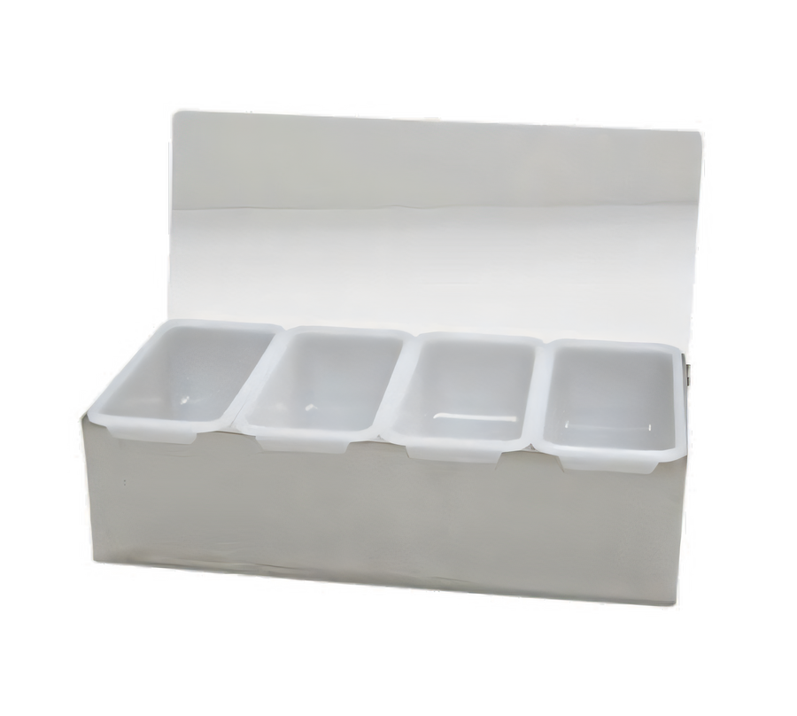 Product image #1 for Admiral Craft 4-Compartment Stainless Steel Bar Garnish Caddy with Clear Hinged Acrylic Lid