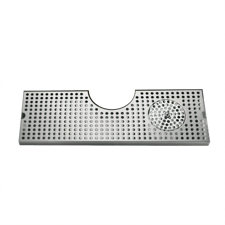 Product image #1 for Surface-Mount Stainless Steel Drip Tray Trough with Integral Glass Rinser and Metropolis T Draft Tower Cutout, 24 x 8.5 Inches