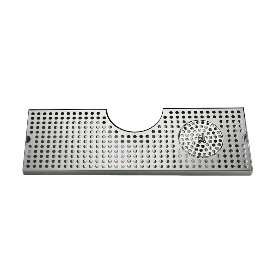 Product image #1 for Surface-Mount Stainless Steel Drip Tray Trough with Integral Glass Rinser and Metropolis T Draft Tower Cutout, 24 x 8.5 Inches