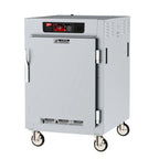 Thumbnail image #1 for Metro C5 C585-SFS-LPFC Mobile Pass-Thru Half-Height Controlled Temperature Holding Cabinet, 8 Full-Size Pan Capacity, Solid and Glass Doors