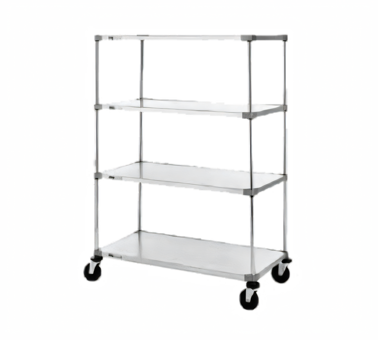 Product image #1 for Metro Super Erecta 4-Shelf Solid Shelf Stem Caster Cart, 60 x 24 x 69 Inch, Galvanized, Chrome Plated Posts, Polyurethane Casters
