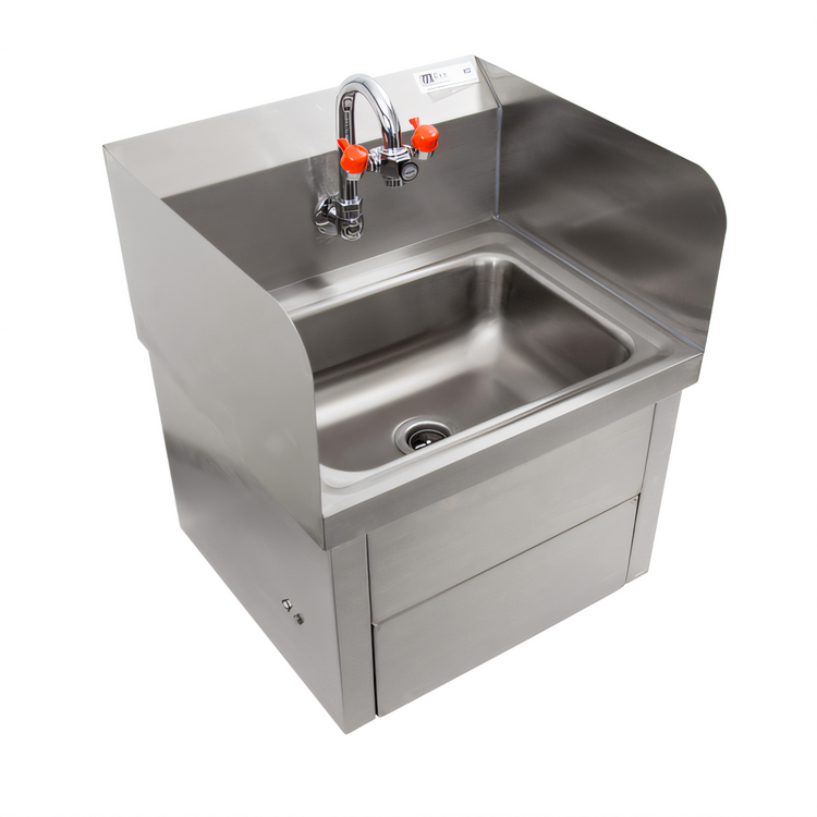 Product image #1 for John Boos Wall-Mounted Stainless Steel Hand Sink with Eye Wash and Knee-Activated Faucet, 14 x 10 x 5 Bowl