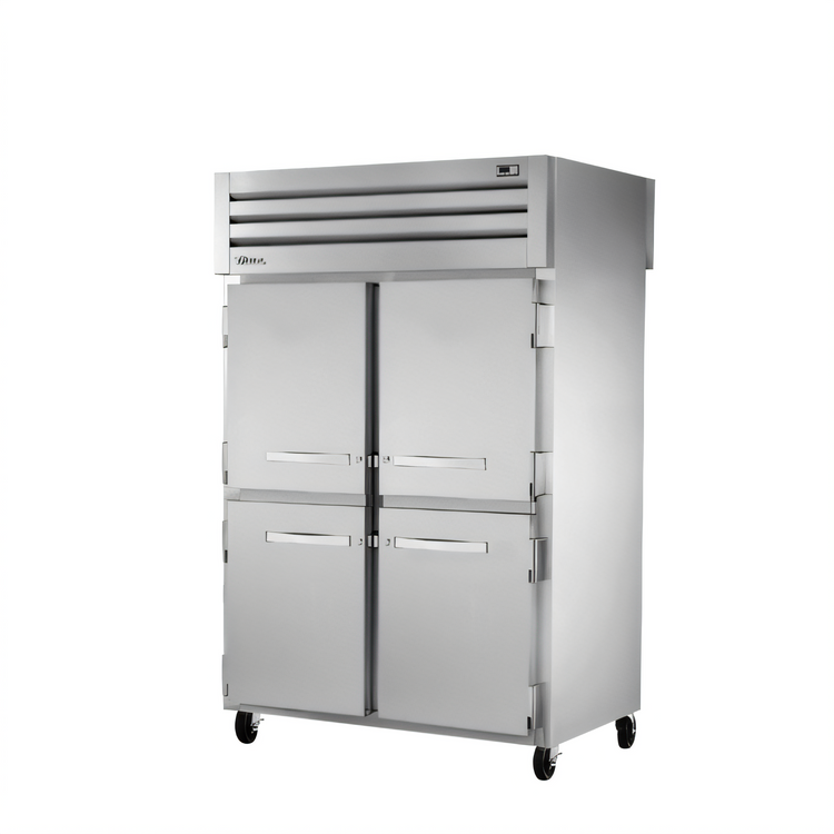Product image #1 for True SPEC SERIES Two-Section Pass-Thru Reach-In Refrigerator with 4 Stainless Steel Half Front Doors and 2 Glass Rear Doors