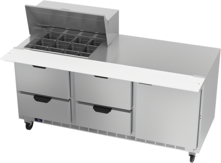 Product image #1 for Beverage-Air 72-Inch Three-Section Mega Top Refrigerated Prep Table with 4 Drawers, 1 Door, and 12-Pan Top