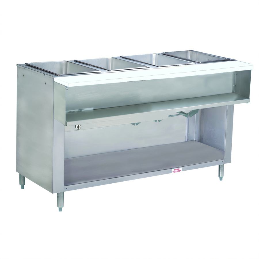 Product image #1 for Advance Tabco Triumph Supreme 4-Well LP Gas Water Bath Hot Food Table with Cutting Board and Open Undershelf