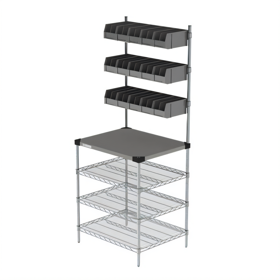 Product image #1 for Metro Chain Reaction Drive-Thru POS & Staging Work Station, 30 x 24 x 74 Inches, with 15 Overhead Bins