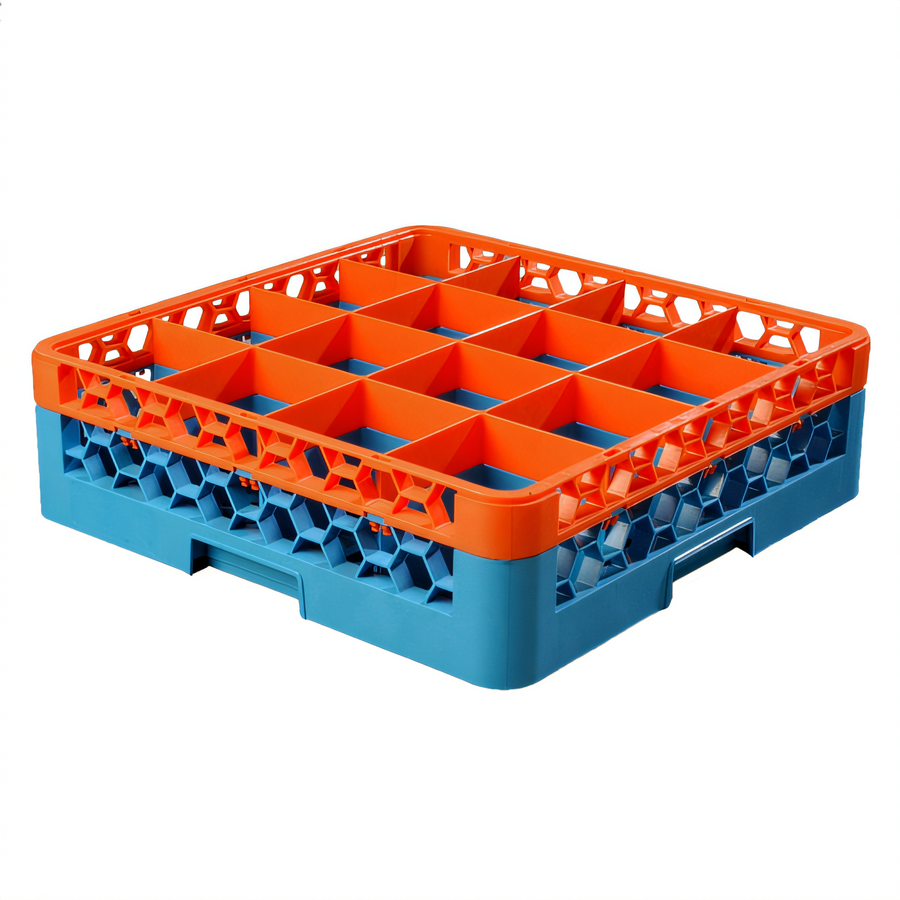 Product image #1 for OptiClean Full-Size 16-Compartment Dishwasher Glass Rack with 1 Color-Coded Extender, Orange/Blue