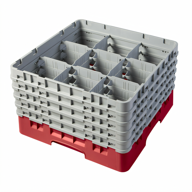 Product image #2 for Cambro Camrack Full Size 9-Compartment Glass Rack with 5 Soft Gray Extenders, Red