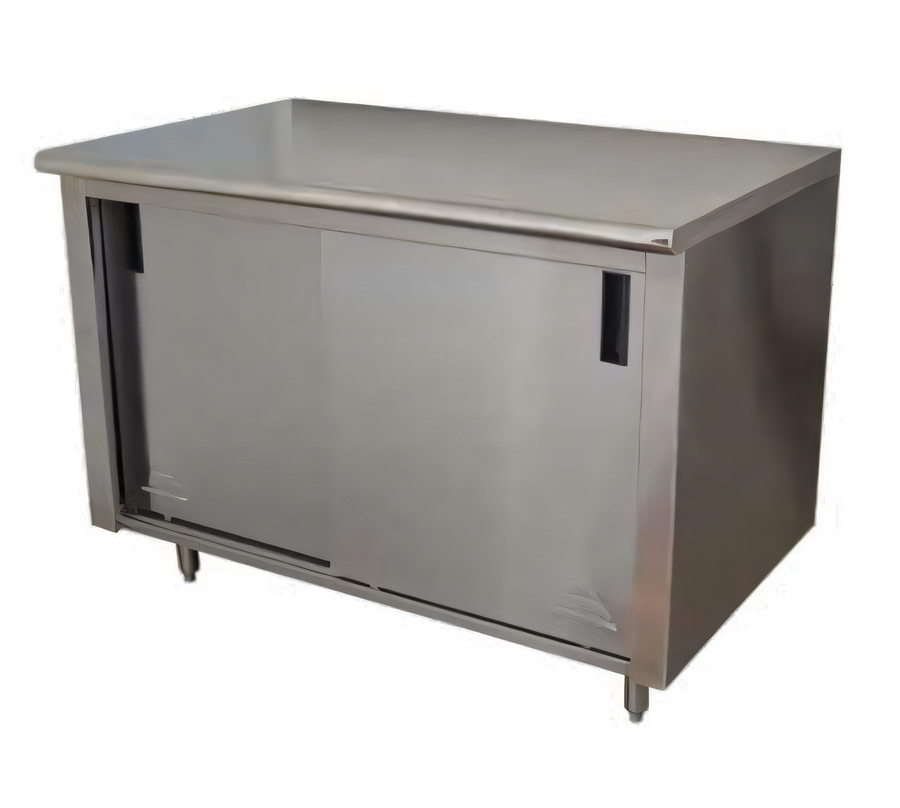 Product image #1 for Advance Tabco Enclosed Work Table, 144 x 30 Inches, Cabinet Base, Mid-Shelf, Sliding Doors, 14-Gauge 304 Stainless Steel Top