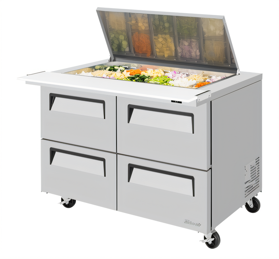 Product image #1 for Turbo Air Super Deluxe 48-1/4-Inch Wide Two-Section Mega Top Sandwich/Salad Prep Table with Flat Lid, 18-Pan Opening, and 4 Drawers