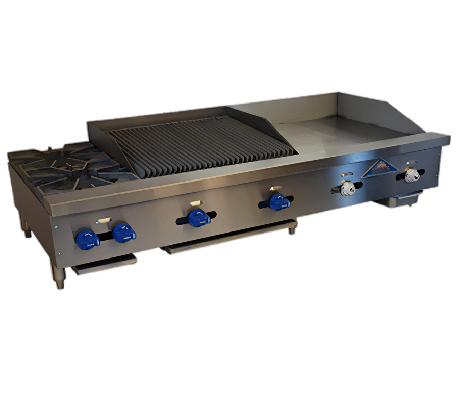 Product image #1 for Comstock-Castle 60-Inch Countertop Gas Hotplate/Griddle/Char-Broiler Combination with 2 Open Burners, 24-Inch Griddle, and 24-Inch Radiant Broiler