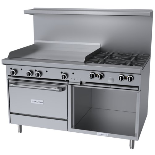Product image #1 for Garland G Starfire Pro 60-Inch Gas Restaurant Range with 4 Open Burners, 36-Inch Griddle, Convection Oven, and Storage Base