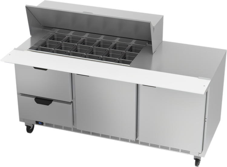 Product image #1 for Beverage-Air 72-Inch Three-Section Mega Top Refrigerated Prep Table with 18-Pan Top, 2 Doors, and 2 Drawers