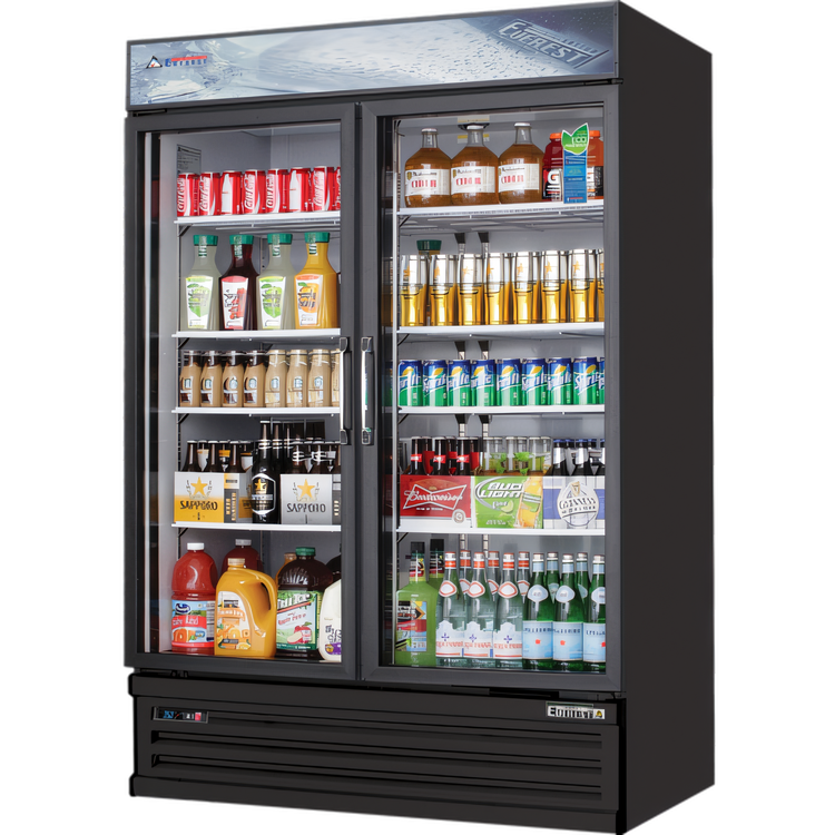 Product image #1 for Everest Refrigeration Two-Section Reach-In Glass Door Merchandiser Refrigerator, 50 Cu. Ft., Bottom Mount, Black Exterior
