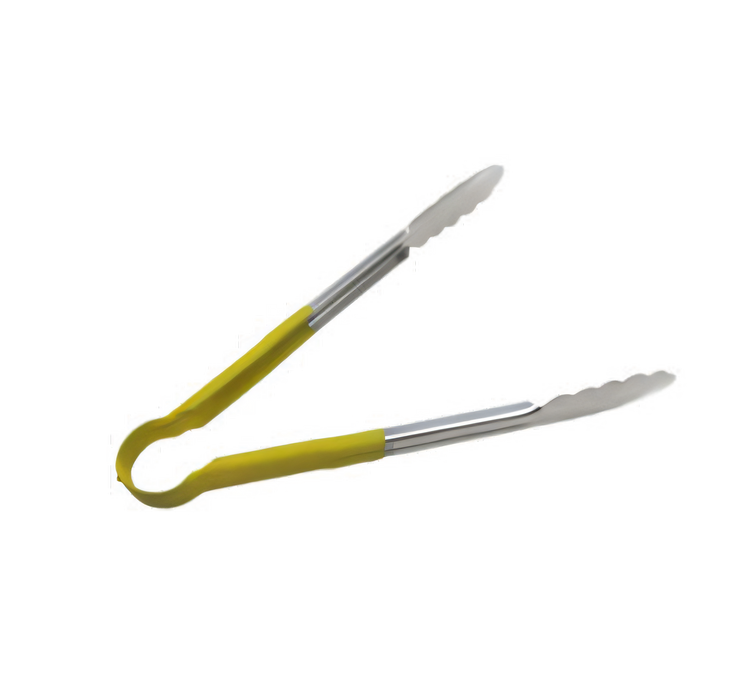 Product image #1 for 12-Inch One-Piece Heavy-Duty Stainless Steel Scalloped Edge Utility Tongs with Yellow Poly-Coated Handle