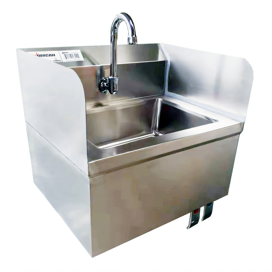 Product image #1 for Omcan USA Wall-Mounted Stainless Steel Hand Sink with Knee Valve Assembly, Side Splashes, and Faucet, 10 x 14 x 5 Inch Bowl