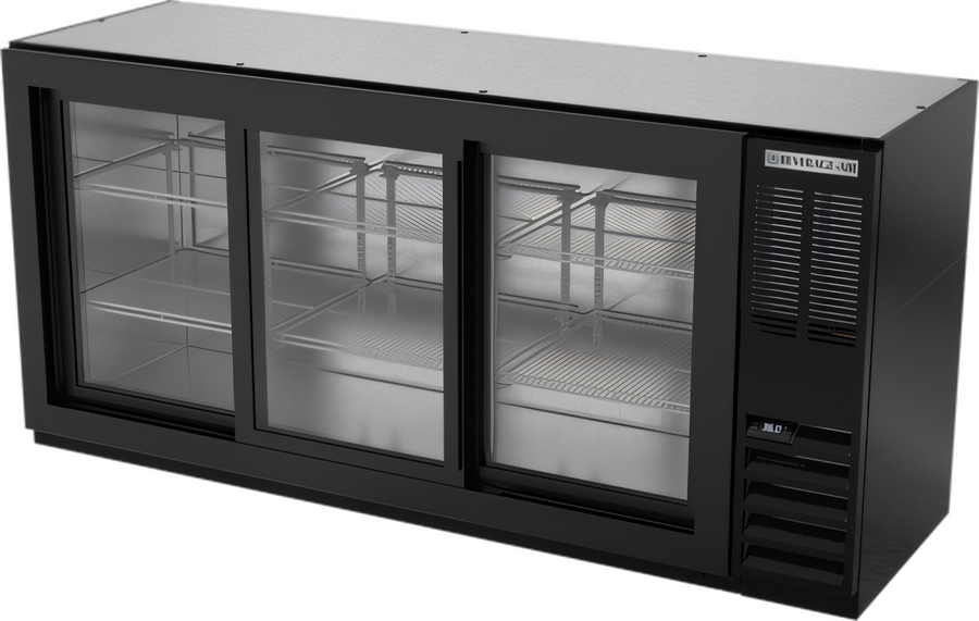 Product image #1 for Beverage-Air Three-Section Back Bar Refrigerator with Sliding Glass Doors, 72 Inch, Black Exterior, Stainless Steel Top